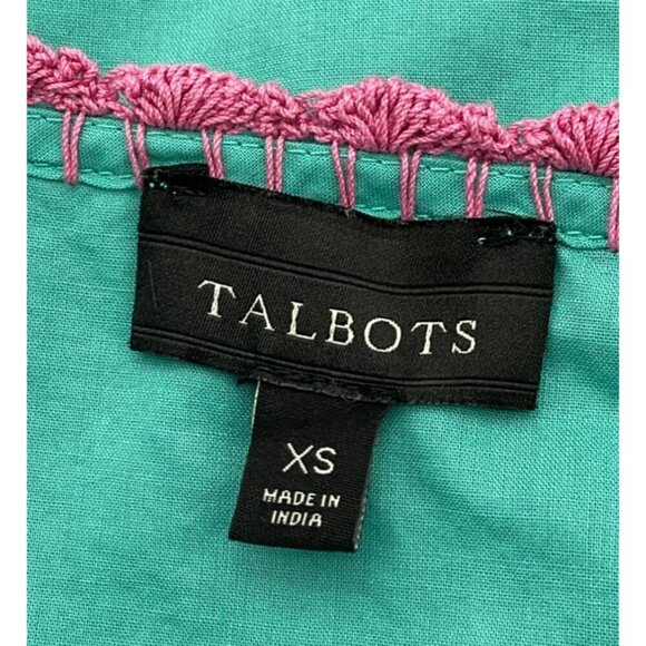 Talbots Short Flare Sleeve Aqua Green Cotton Pullover Pink Embroidery Crochet XS - Picture 4 of 6